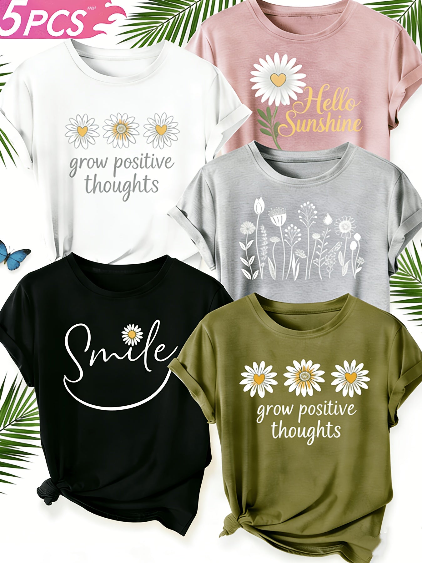 [Mother's Day Gift] 5pcs Set, 100% Breathable Women's Round-neck Printed T-shirt,. An Elegant And Casual Outfit, Comfortable And Breathable for Commuting, Suitable As A Gift for Your Wife Or Mother.