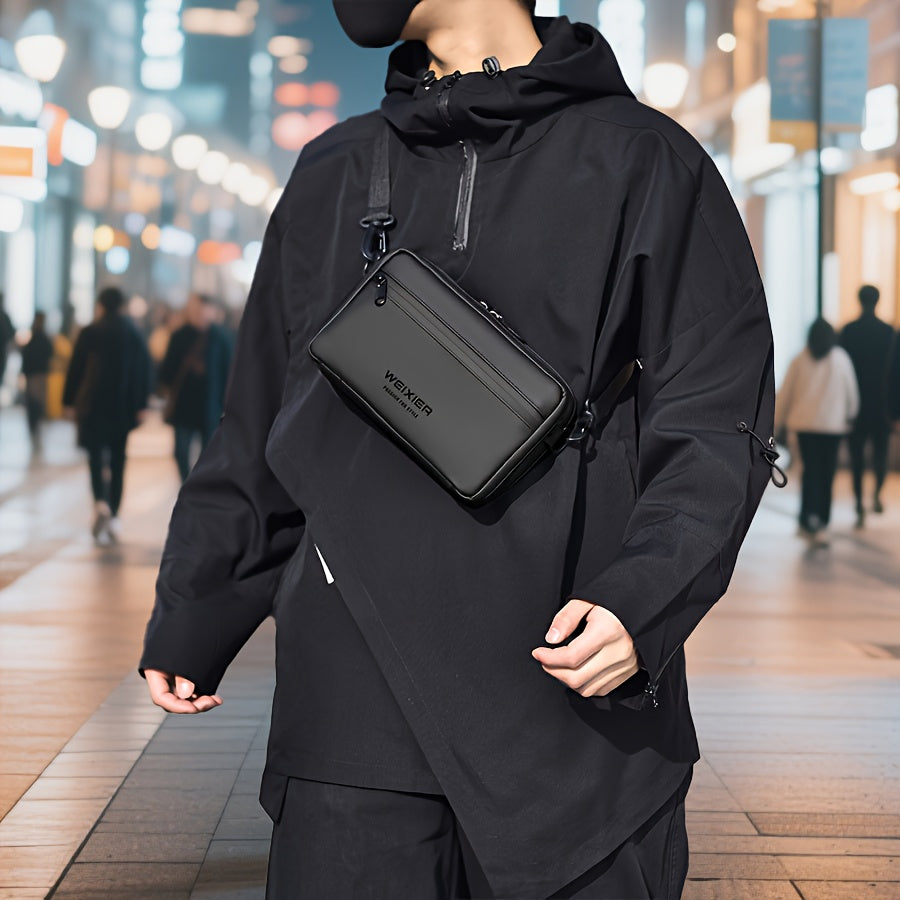 Men'S PU Crossbody Bag Featuring an Adjustable Strap And Waist Attachment - Multiple Compartments with Zipper Closure, Golden-Tone Hardware, And a Sleek Black Minimalist Design - Suitable for Both Casual And Formal Everyday U