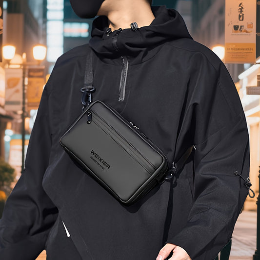 Men'S PU Crossbody Bag Featuring an Adjustable Strap And Waist Attachment - Multiple Compartments with Zipper Closure, Golden-Tone Hardware, And a Sleek Black Minimalist Design - Suitable for Both Casual And Formal Everyday U