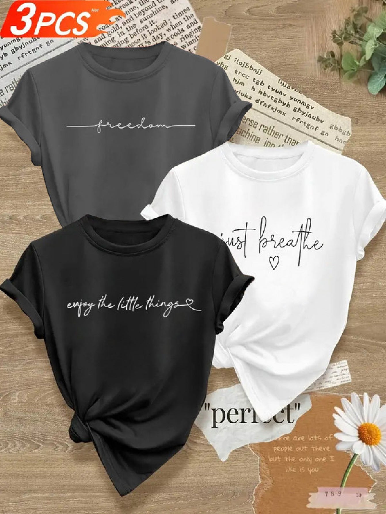 3pcs Casual T-Shirt for Women, Round Neck, Medium-Stretch Fabric, with Alphabet Pattern Prints, Suitable for Spring And Summer Wear- Size S-XXL