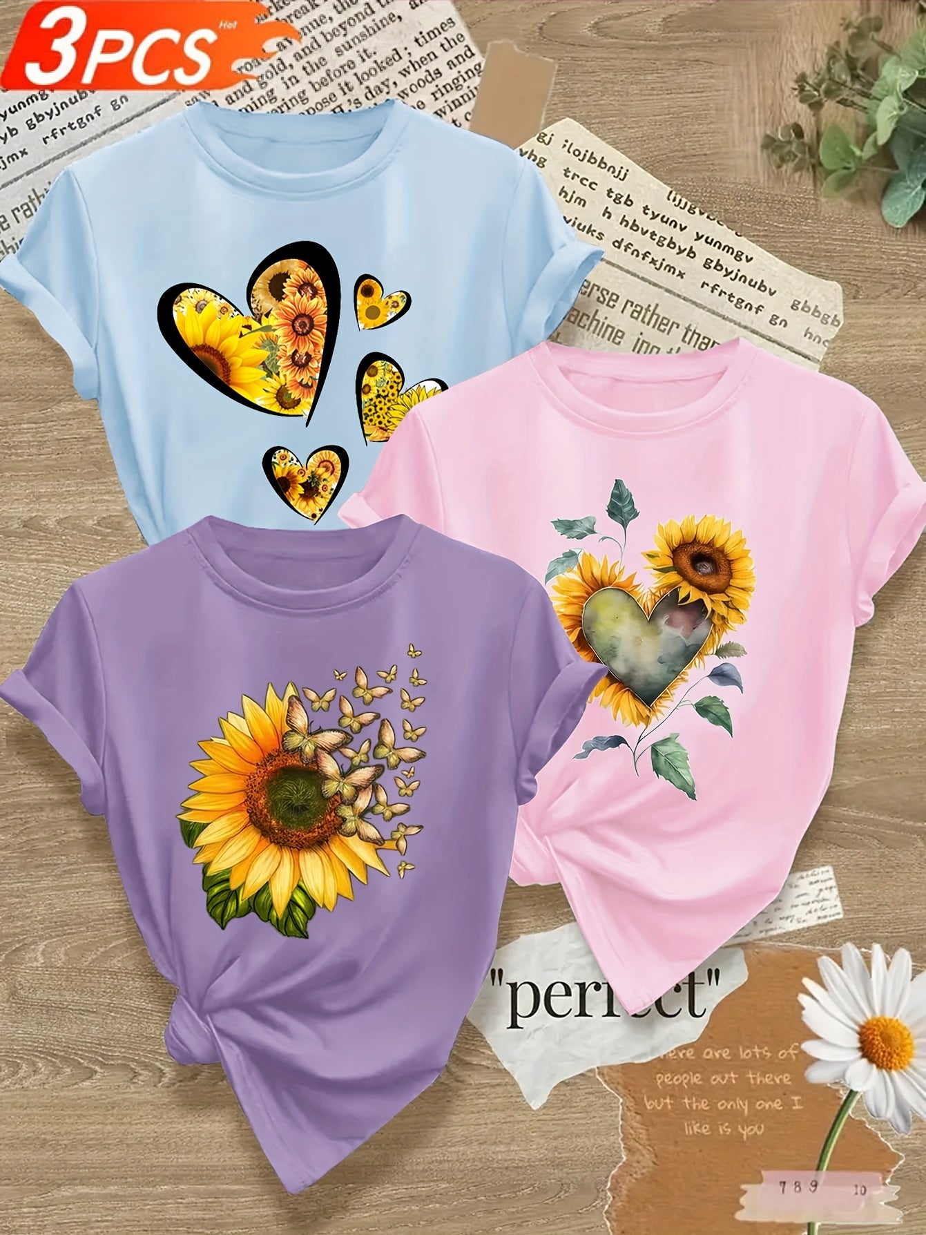 Sunflower Print Crew Neck Women T Shirt All Season Stretch Knit