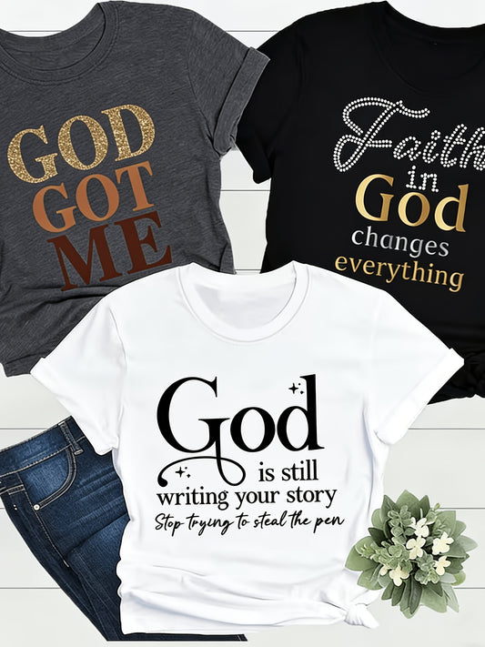 Set of 3 T-Shirts with Letter Design, Casual Short Sleeve Crew Neck Tops for Women, Suitable for All Seasons