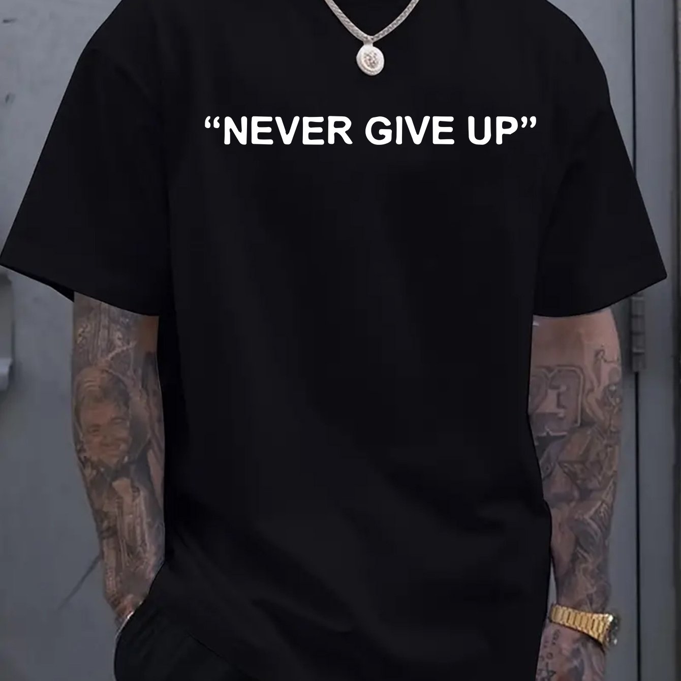 1pc of "Never Give Up" Printed T-Shirt - Men'S Round Neck Short Sleeved Shirt, Casual All Season Knitted Fabric, Slightly Elastic, Breathable And Suitable for Adult Multifunctional Design