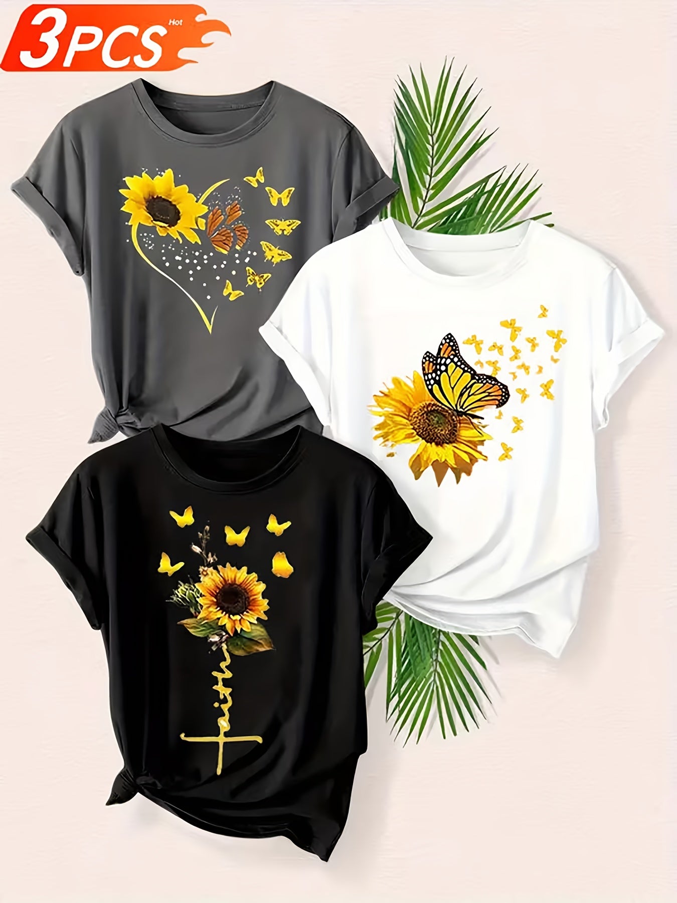 A Set of Three Women'S Casual Round-Neck T-Shirts in Black, White, And Gray | Fashionable Short-Sleeve Shirt with Sunflower And Butterfly Prints, Soft And Comfortable - The Perfect Exclusive Gift for St. Patrick'S Day/Easter