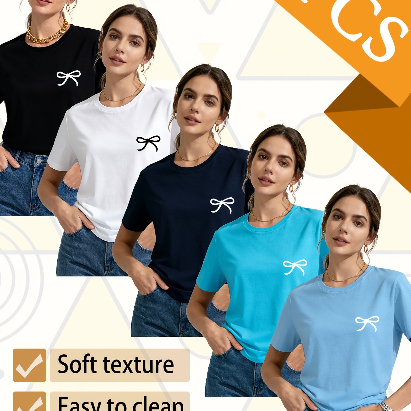 Set of 5 Trendy Women'S T-Shirts Suitable for All Seasons, Featuring Colorful Short Sleeves And a Playful Small Logo with a Bow. This Pack of Casual Tees, Made from 100% Pure