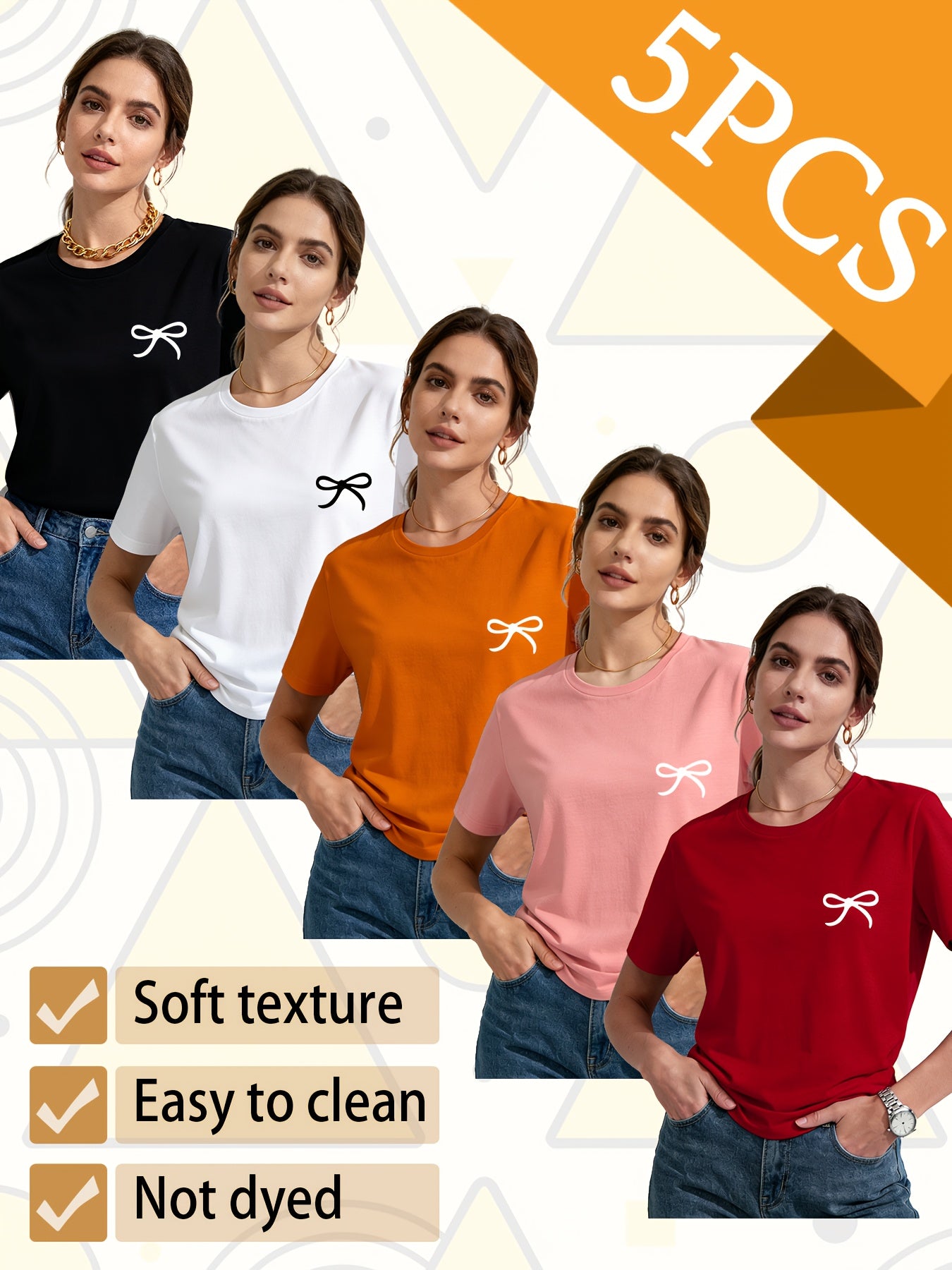 Set of 5 Trendy Women'S T-Shirts Suitable for All Seasons, Featuring Colorful Short Sleeves And a Playful Small Logo with a Bow. This Pack of Casual Tees, Made from 100% Pure