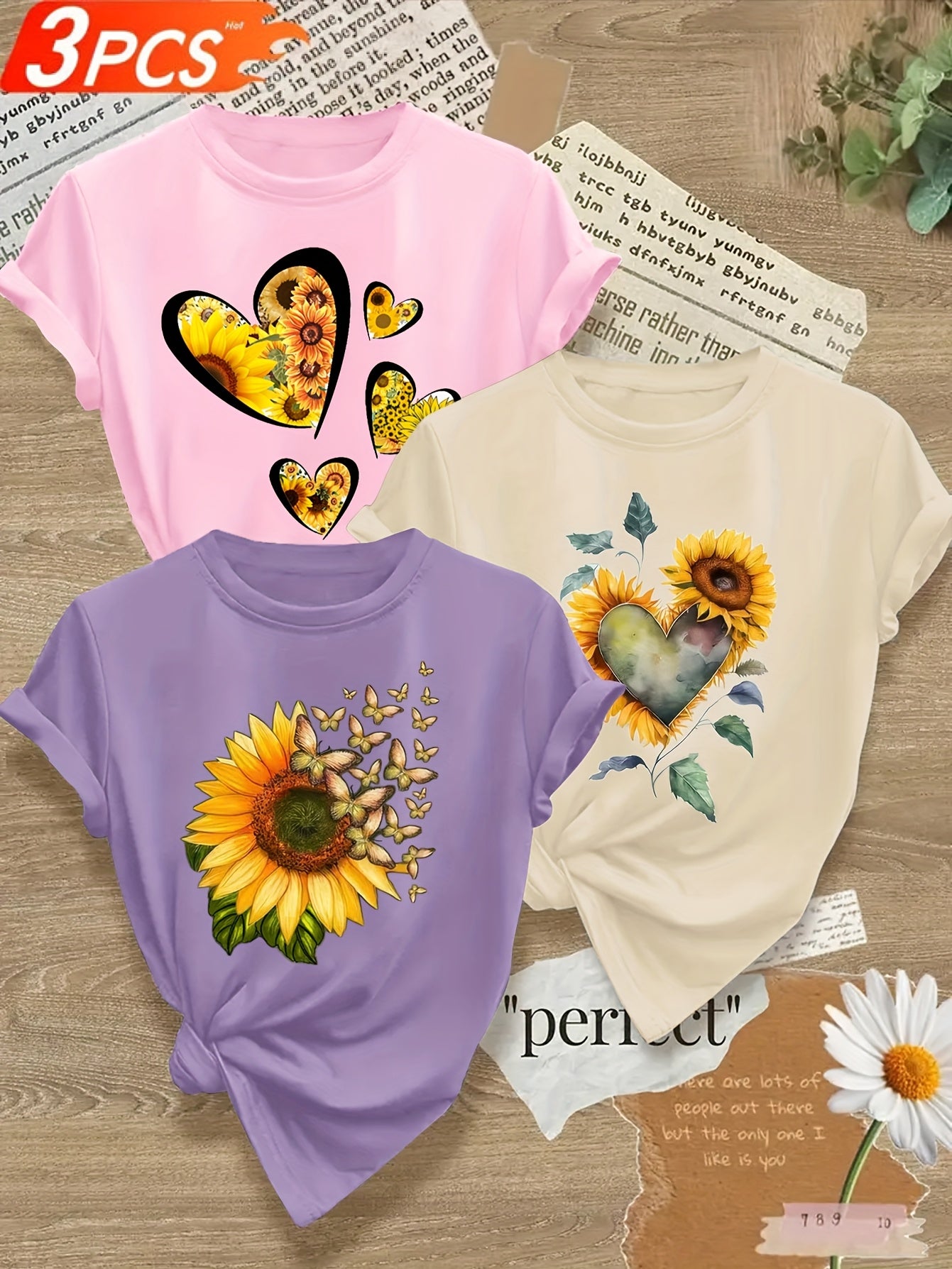 Sunflower Print Crew Neck Women T Shirt All Season Stretch Knit