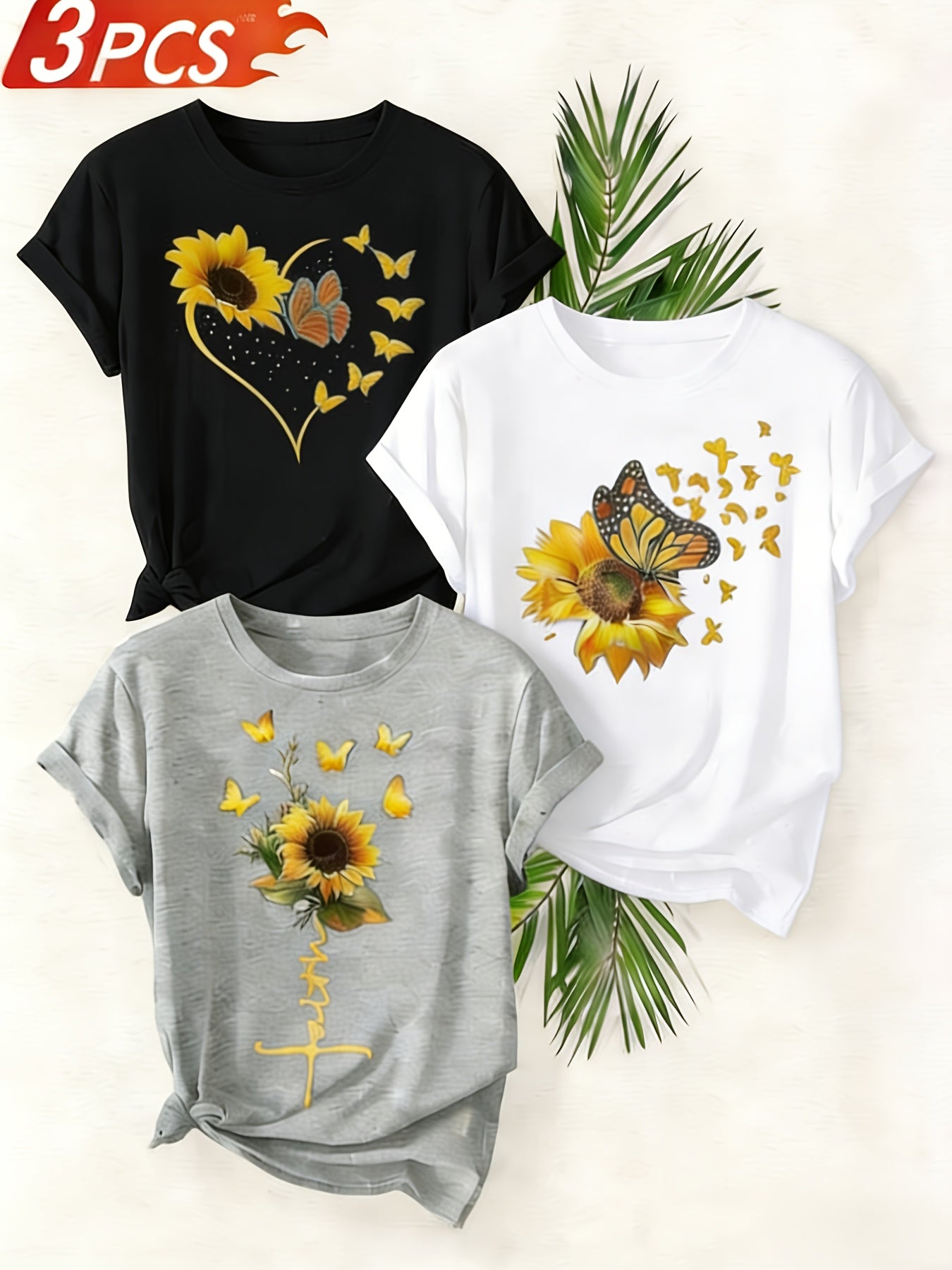 A Set of Three Women'S Casual Round-Neck T-Shirts in Black, White, And Gray | Fashionable Short-Sleeve Shirt with Sunflower And Butterfly Prints, Soft And Comfortable - The Perfect Exclusive Gift for St. Patrick'S Day/Easter