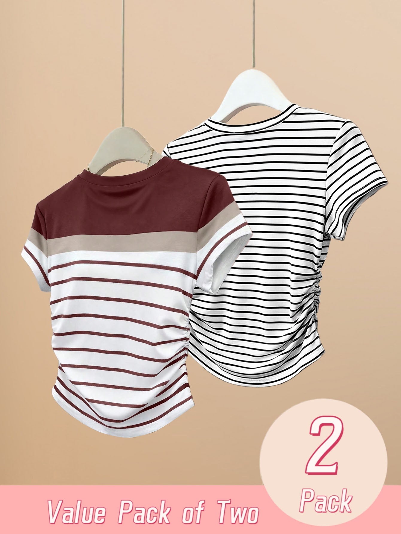 2pcs Womens Striped Short Sleeve T-Shirts Spring Summer Slim Fit Side Ruched Casual Tees Y2K Fitted Going Out Tops Regular Shoulder