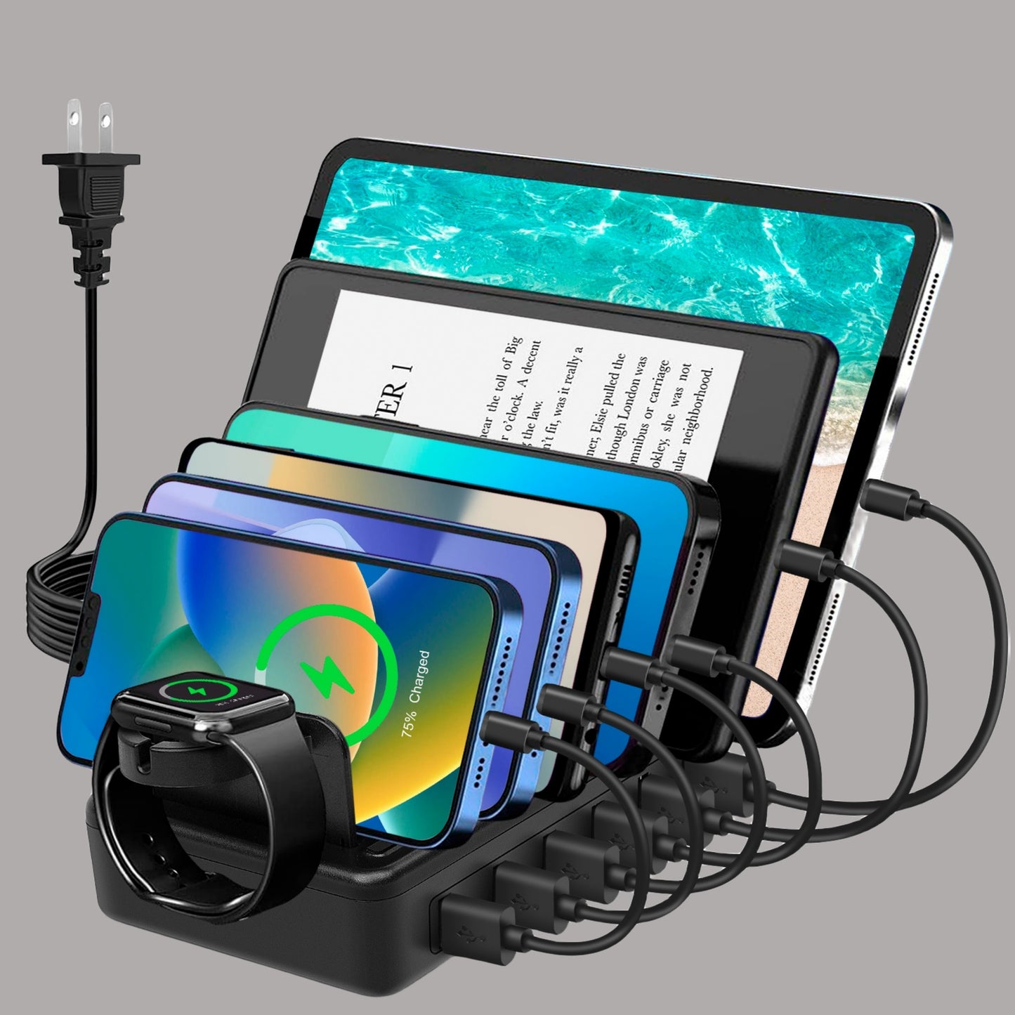 Fast Charging Station For Multiple Devices, 50W 6-Ports USB Charging Station With10-Slot, Detachable Dividers, Watch Holder, Compatible With Phone/iPad/Kindle/Tablet (6 Short Cables Included)