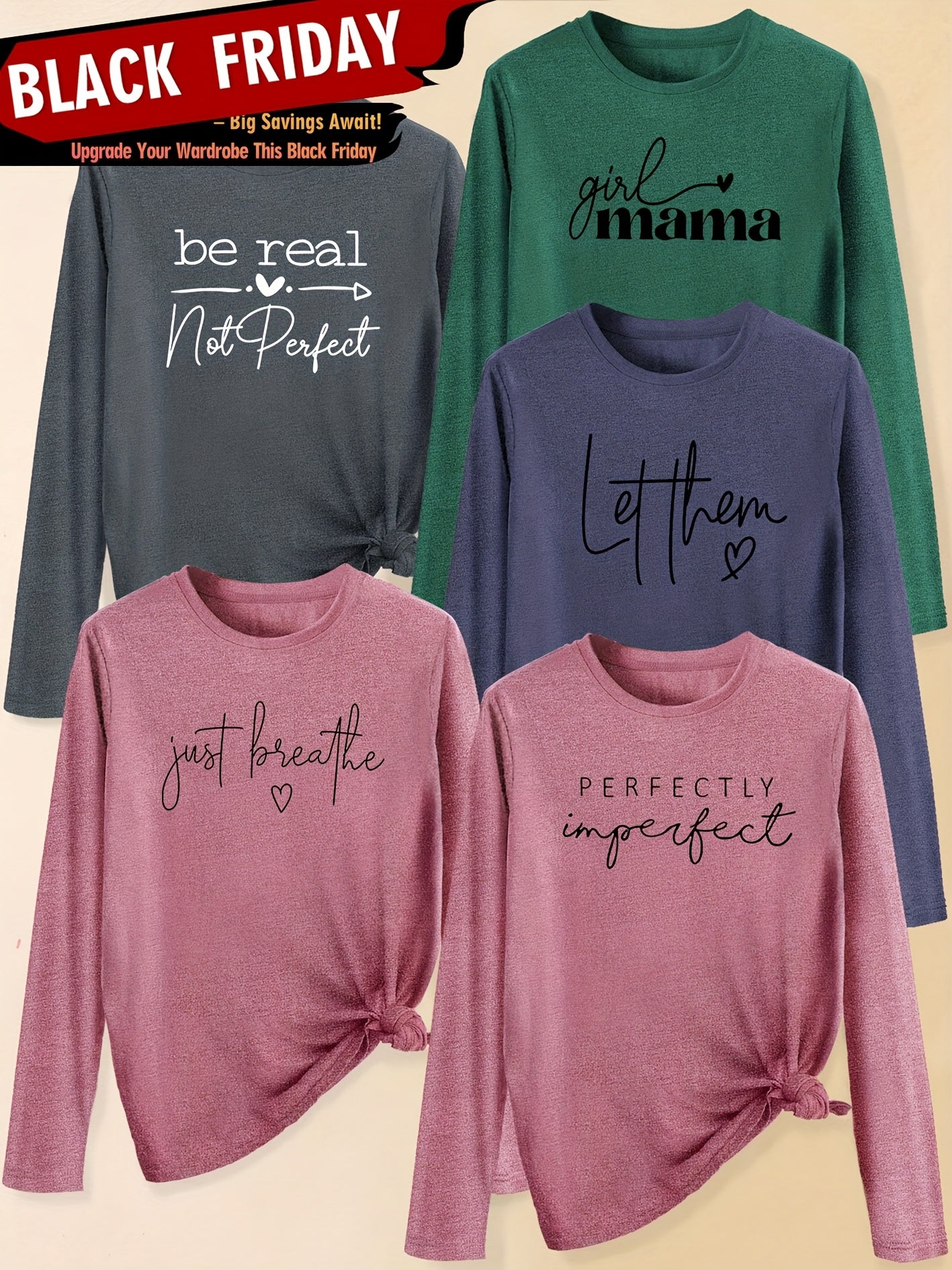 A Set of Five Women'S Long-Sleeve T-Shirts with Heart Letters, Featuring Slogan Prints And a Round Neck, Suitable for Spring, Summer, Autumn, And Winter. This Stylish And Versatile Top Is Perfect for Casual, Elegant, And Retr