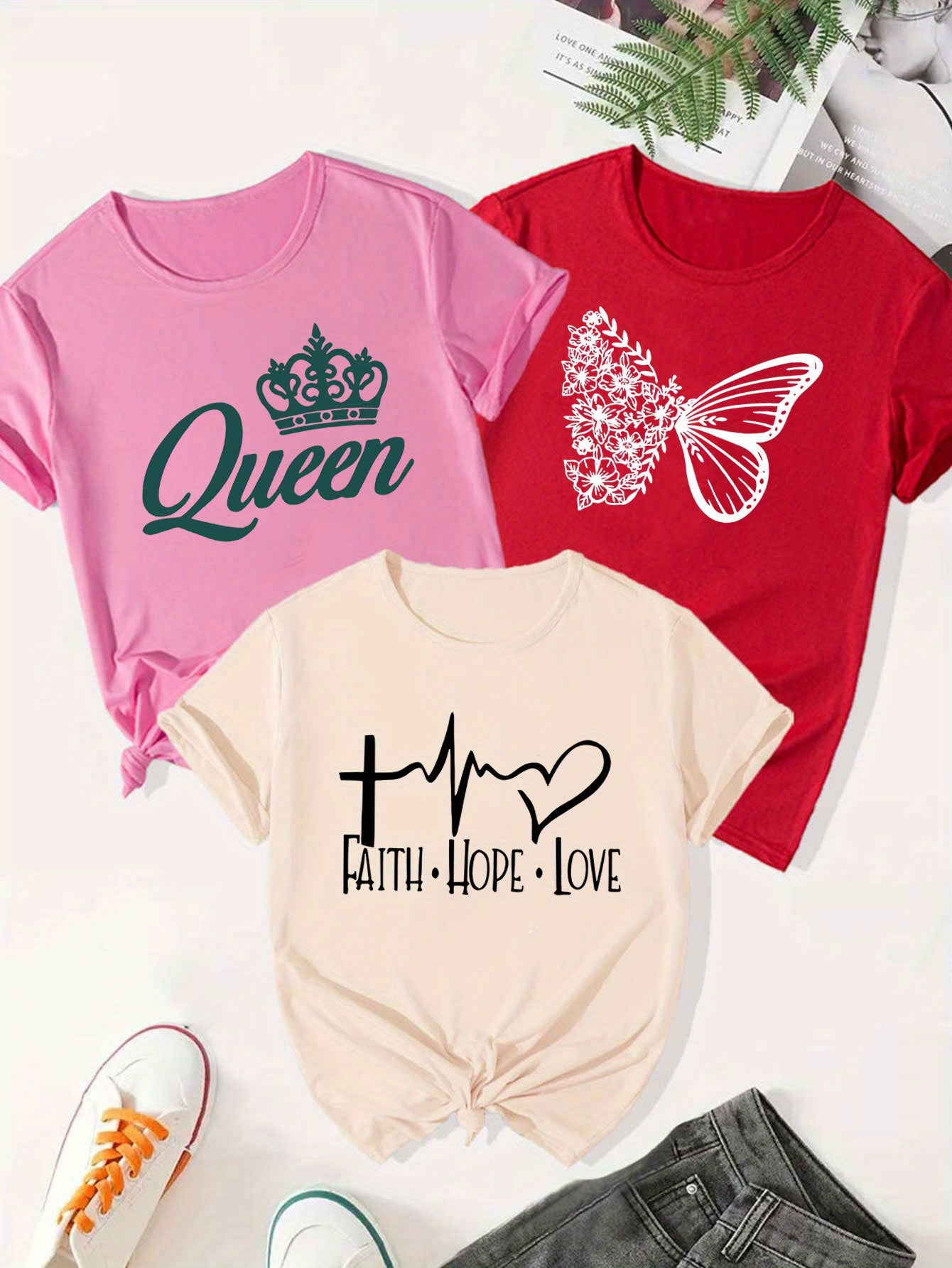 Three Piece Cross Heartbeat Queen Crown Print T Shirt Set