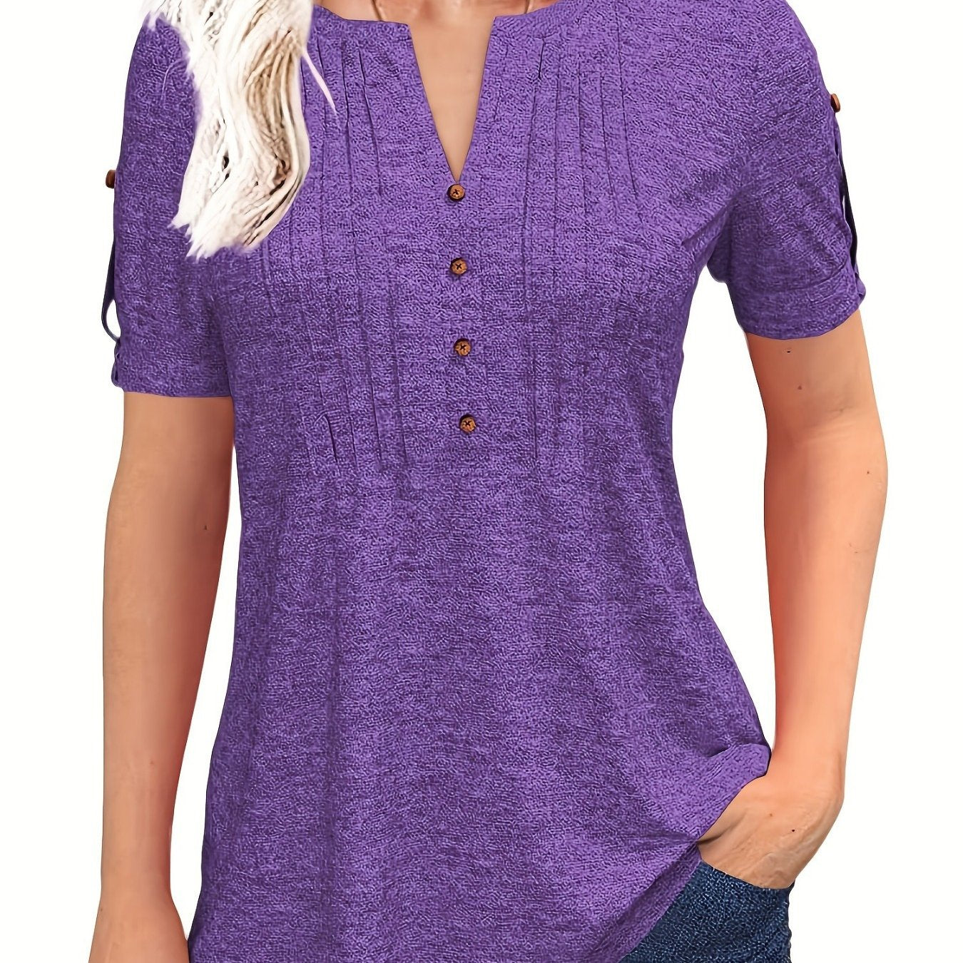 Women's Summer Casual V Neck Button Short Sleeve T Shirt