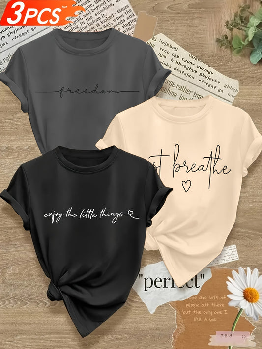 3pcs Casual T-Shirt for Women, Round Neck, Medium-Stretch Fabric, with Alphabet Pattern Prints, Suitable for Spring And Summer Wear- Size S-XXL