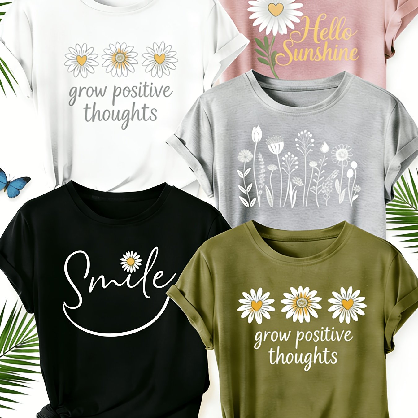 [Mother's Day Gift] 5pcs Set, 100% Breathable Women's Round-neck Printed T-shirt,. An Elegant And Casual Outfit, Comfortable And Breathable for Commuting, Suitable As A Gift for Your Wife Or Mother.