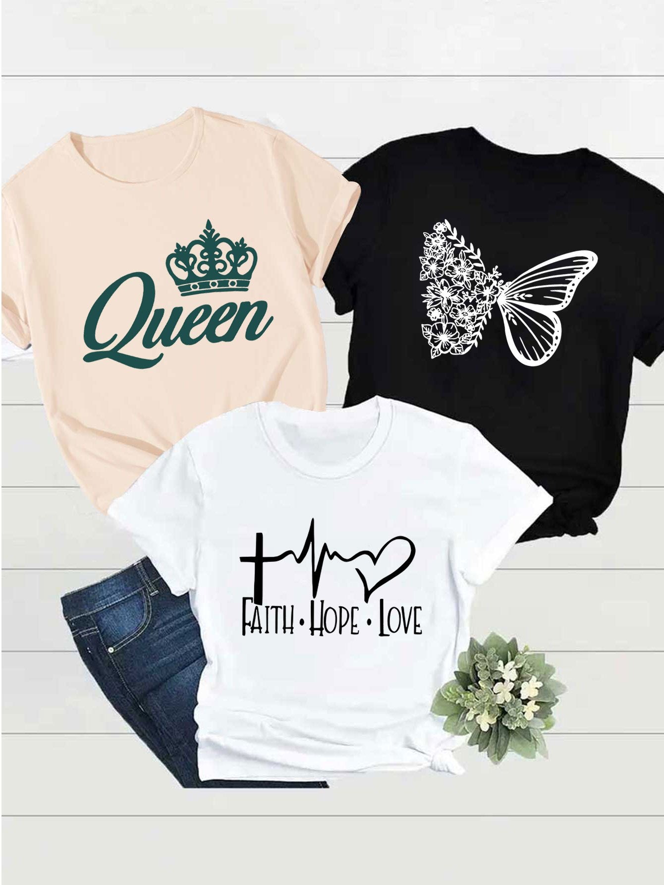Three Piece Cross Heartbeat Queen Crown Print T Shirt Set