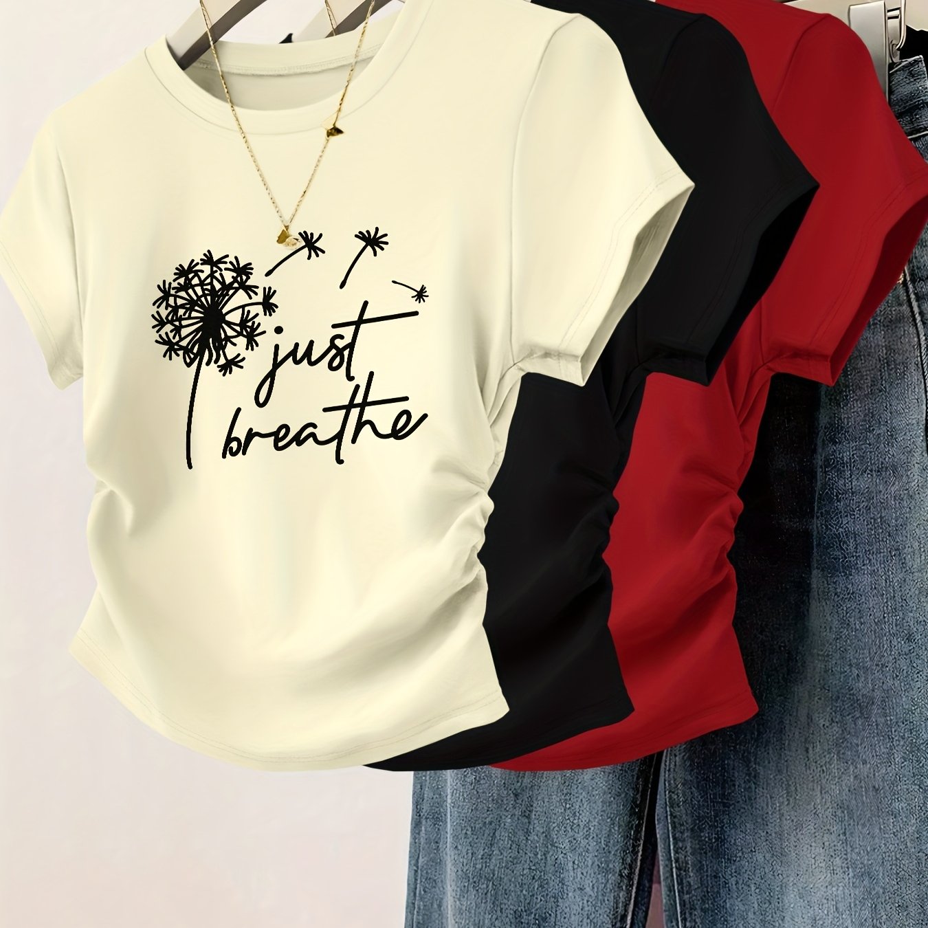 3pcs Women's Slim Fit Cinched Waist Pleated Short Sleeve T-Shirts - Geometric Print Round Neck Casual Tees, Red Grey Blue, Machine Washable Spring Summer Tops, Ladies T Shirts, Everyday Fashion, Smooth Texture Fabric, Seasona