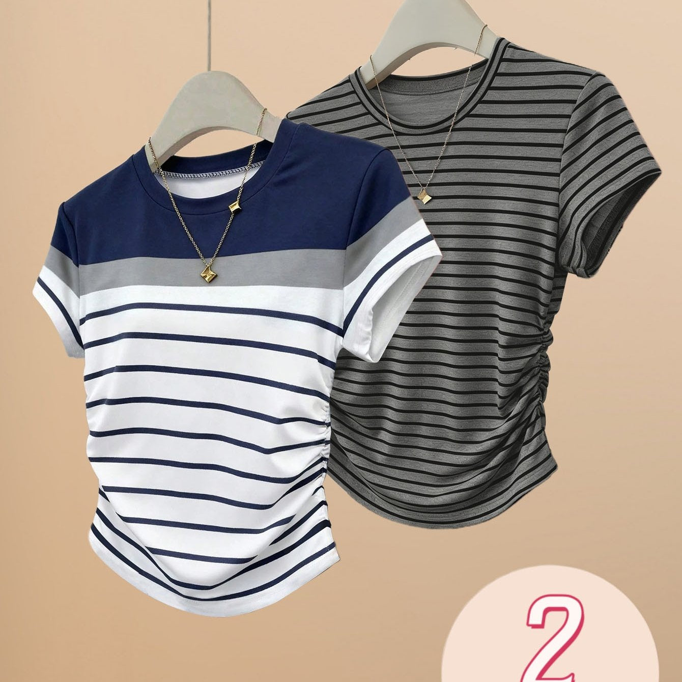 2pcs Womens Striped Short Sleeve T-Shirts Spring Summer Slim Fit Side Ruched Casual Tees Y2K Fitted Going Out Tops Regular Shoulder