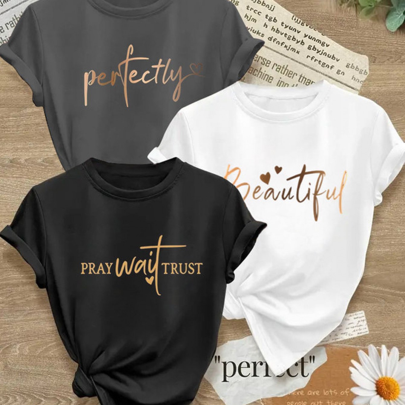 Alphabet Print Womens T Shirts Crew Neck Three Piece Set