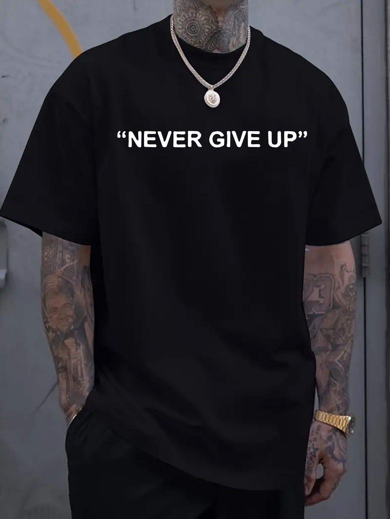 1pc of "Never Give Up" Printed T-Shirt - Men'S Round Neck Short Sleeved Shirt, Casual All Season Knitted Fabric, Slightly Elastic, Breathable And Suitable for Adult Multifunctional Design