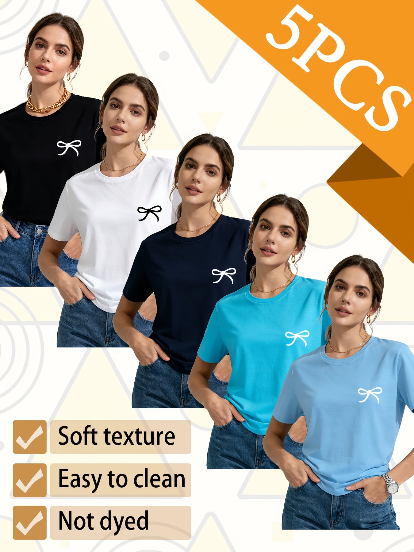 Set of 5 Trendy Women'S T-Shirts Suitable for All Seasons, Featuring Colorful Short Sleeves And a Playful Small Logo with a Bow. This Pack of Casual Tees, Made from 100% Pure