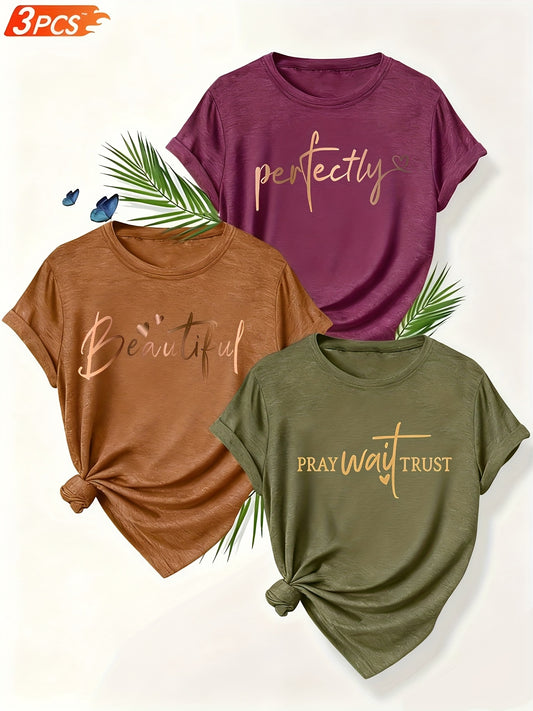 Alphabet Print Womens T Shirts Crew Neck Three Piece Set