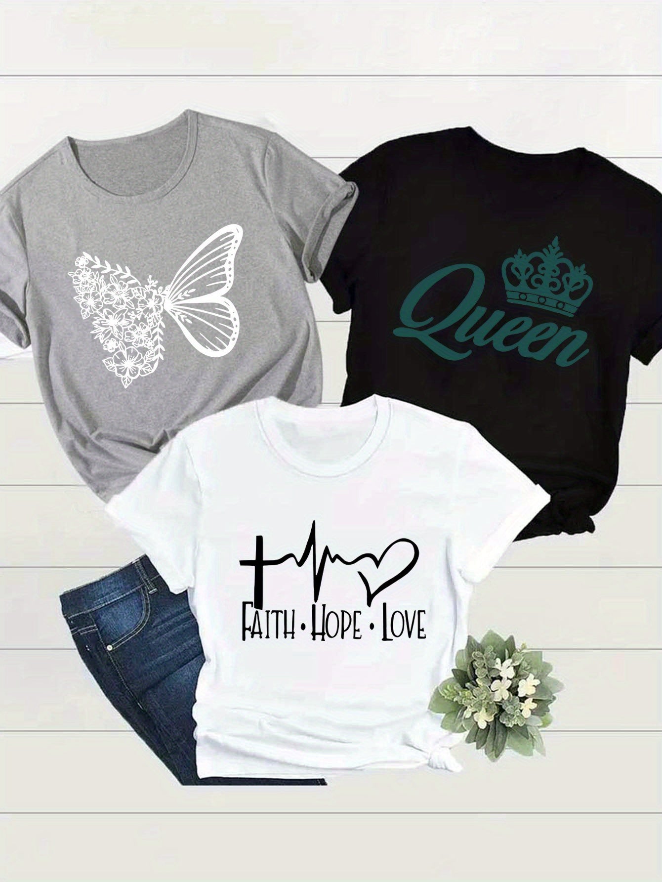 Three Piece Cross Heartbeat Queen Crown Print T Shirt Set
