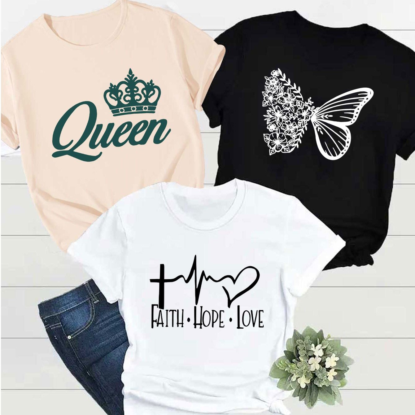 Three Piece Cross Heartbeat Queen Crown Print T Shirt Set