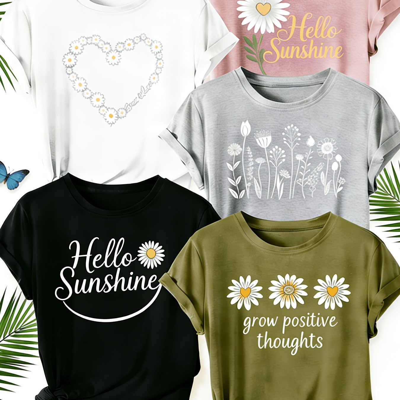 [Mother's Day Gift] 5pcs Set, 100% Breathable Women's Round-neck Printed T-shirt,. An Elegant And Casual Outfit, Comfortable And Breathable for Commuting, Suitable As A Gift for Your Wife Or Mother.