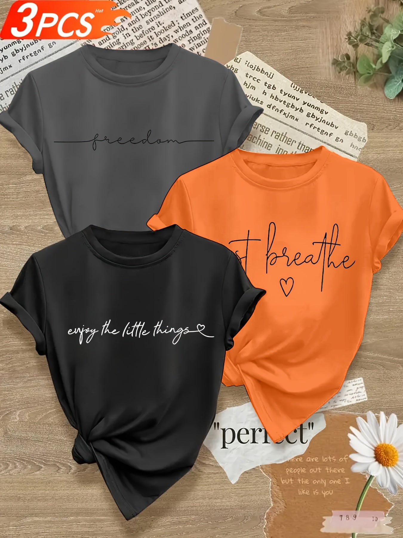 3pcs Casual T-Shirt for Women, Round Neck, Medium-Stretch Fabric, with Alphabet Pattern Prints, Suitable for Spring And Summer Wear- Size S-XXL