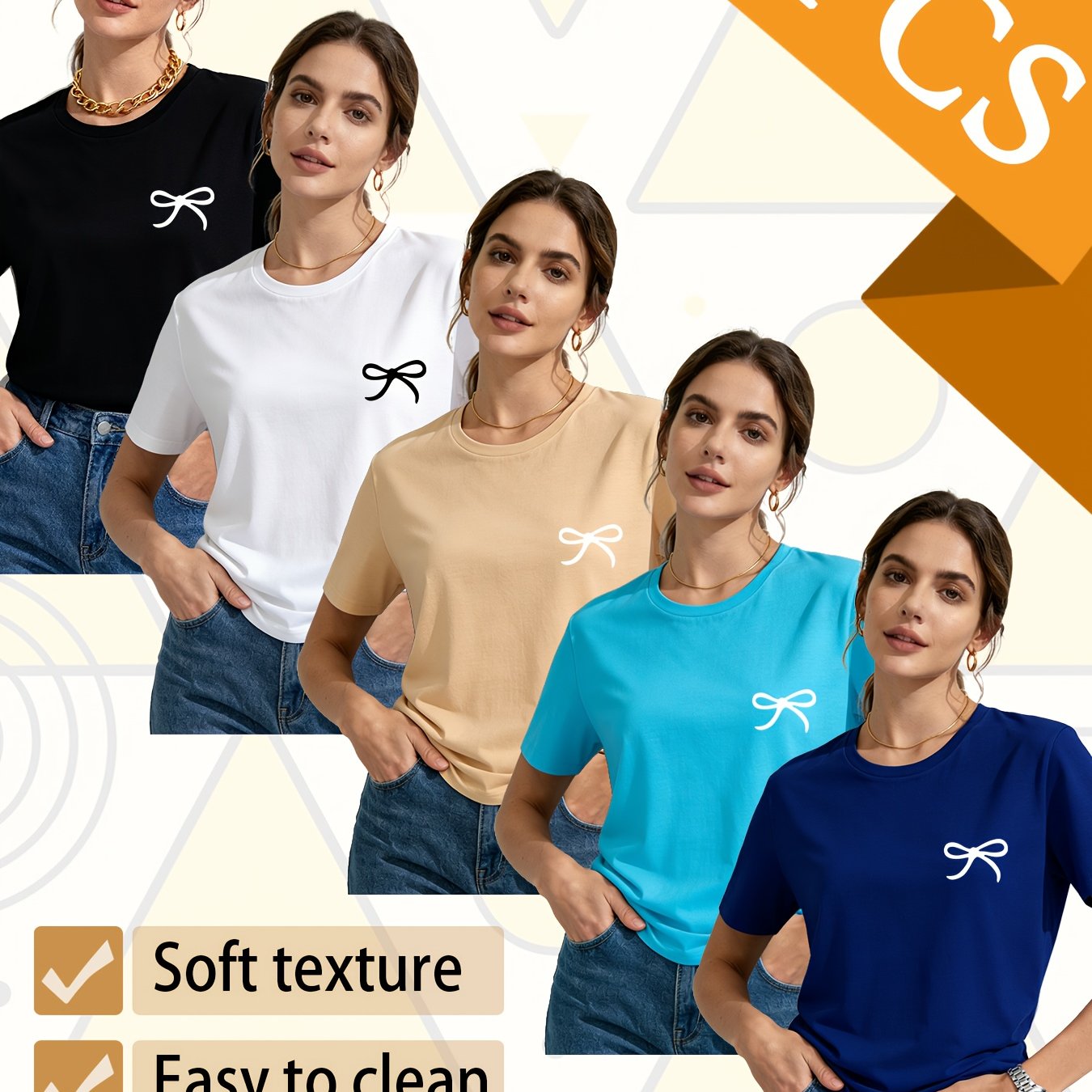 Set of 5 Trendy Women'S T-Shirts Suitable for All Seasons, Featuring Colorful Short Sleeves And a Playful Small Logo with a Bow. This Pack of Casual Tees, Made from 100% Pure