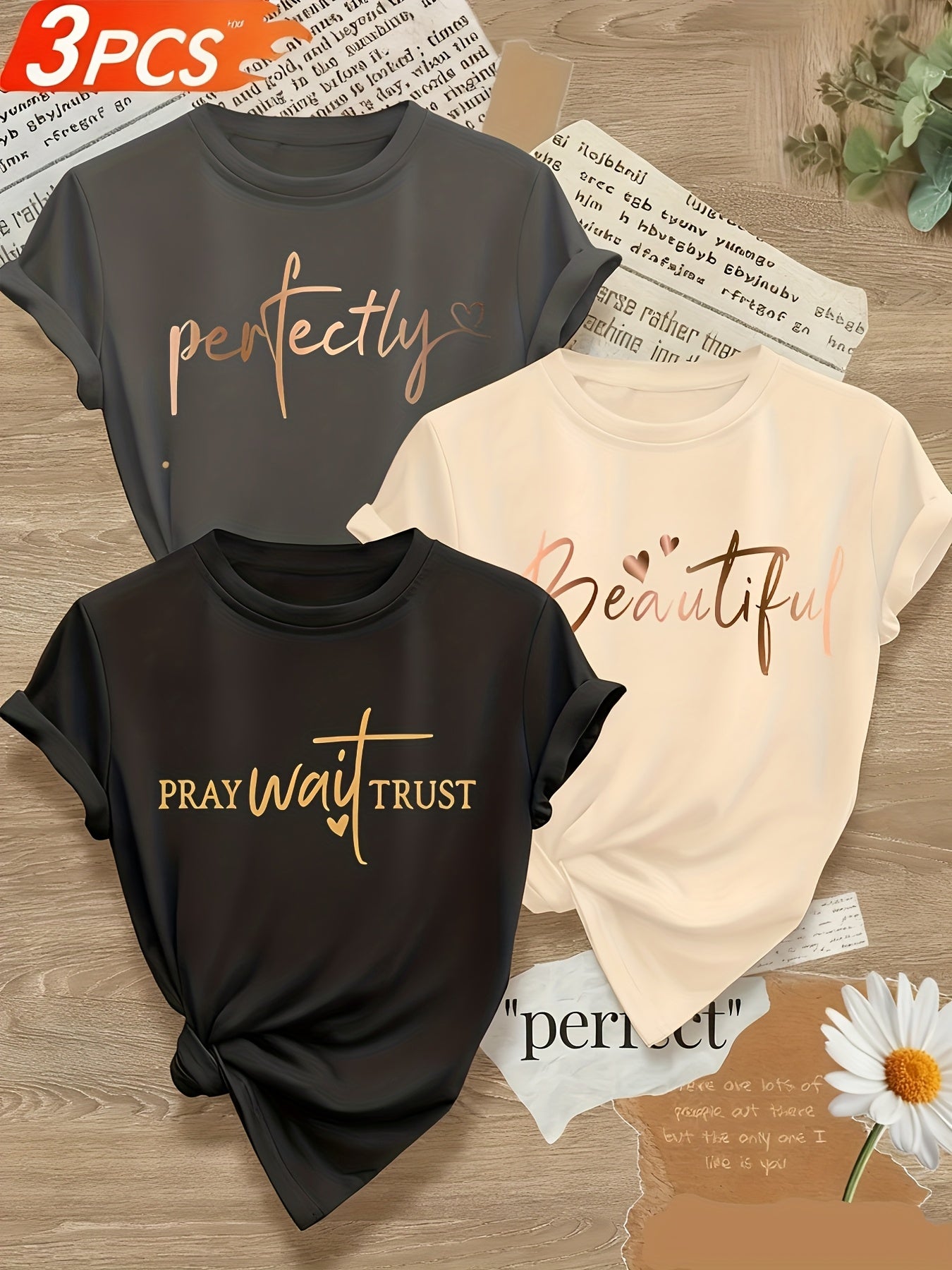 Alphabet Print Womens T Shirts Crew Neck Three Piece Set