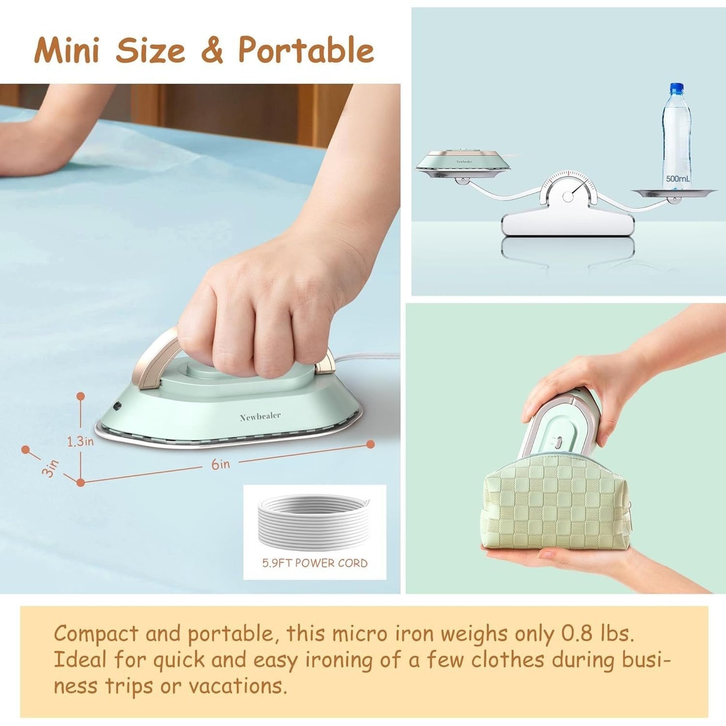 NEWBEALER Dual Voltage Travel Iron 120V 220V With Spray Bottle