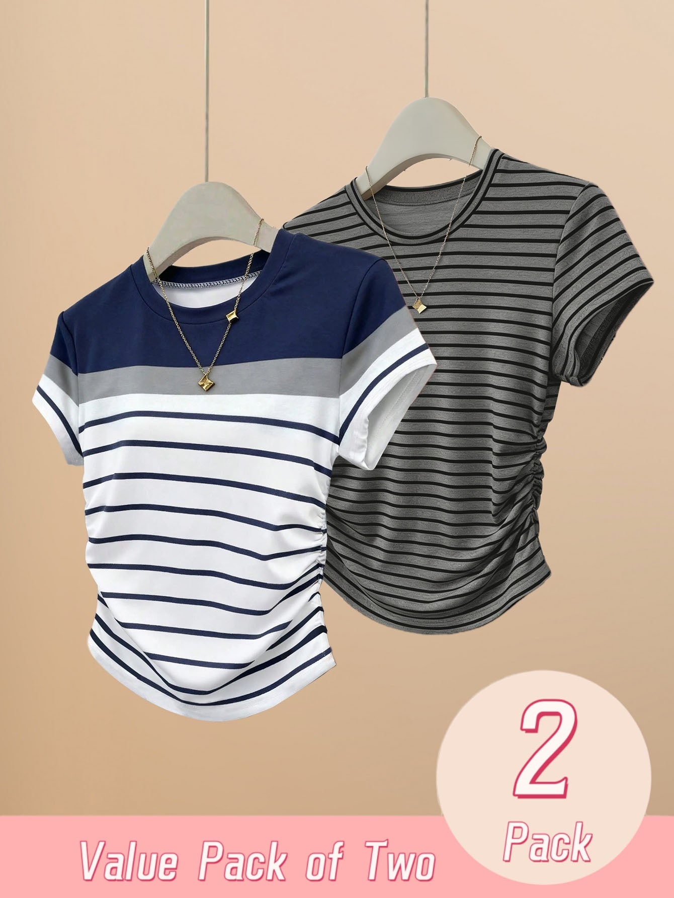 2pcs Womens Striped Short Sleeve T-Shirts Spring Summer Slim Fit Side Ruched Casual Tees Y2K Fitted Going Out Tops Regular Shoulder