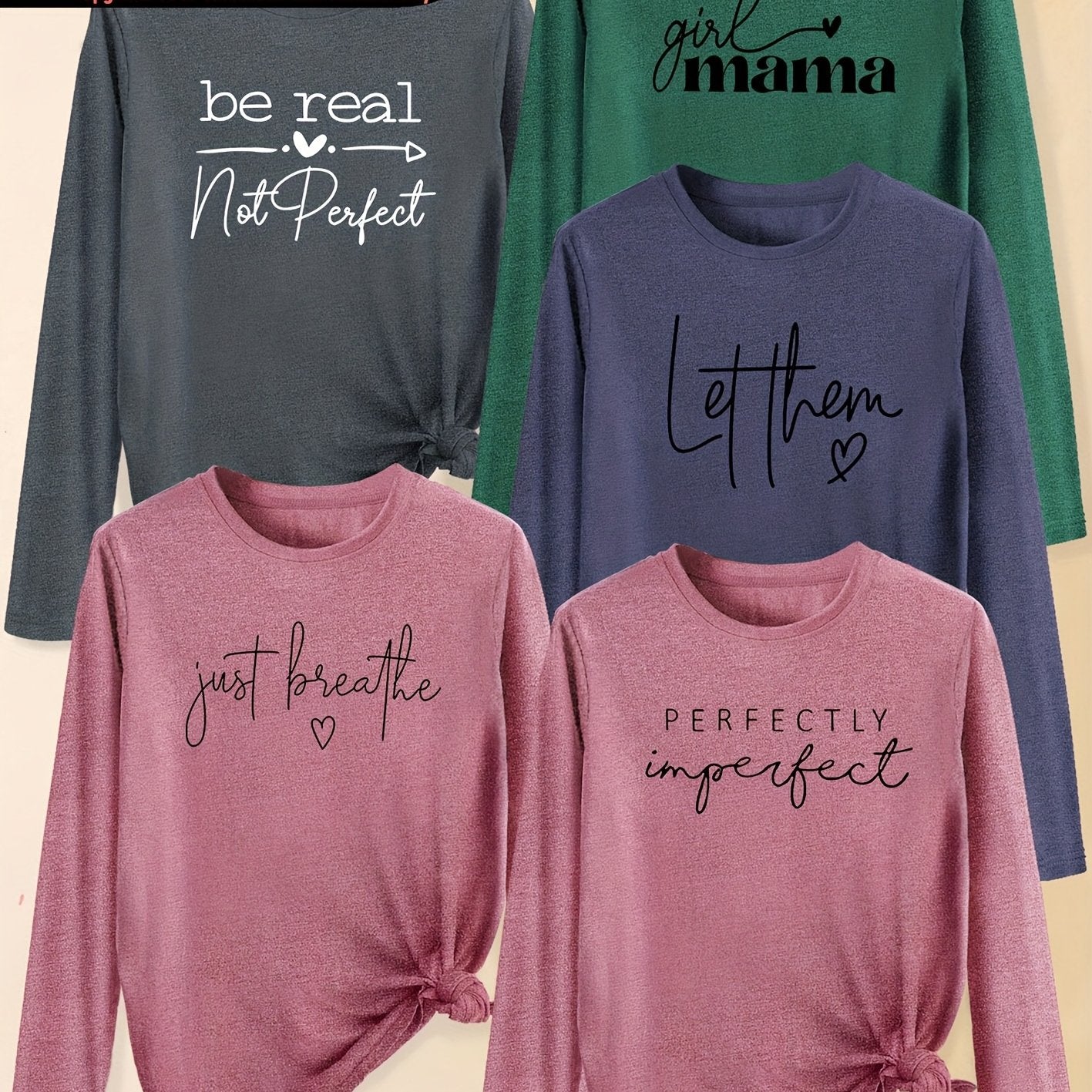 A Set of Five Women'S Long-Sleeve T-Shirts with Heart Letters, Featuring Slogan Prints And a Round Neck, Suitable for Spring, Summer, Autumn, And Winter. This Stylish And Versatile Top Is Perfect for Casual, Elegant, And Retr