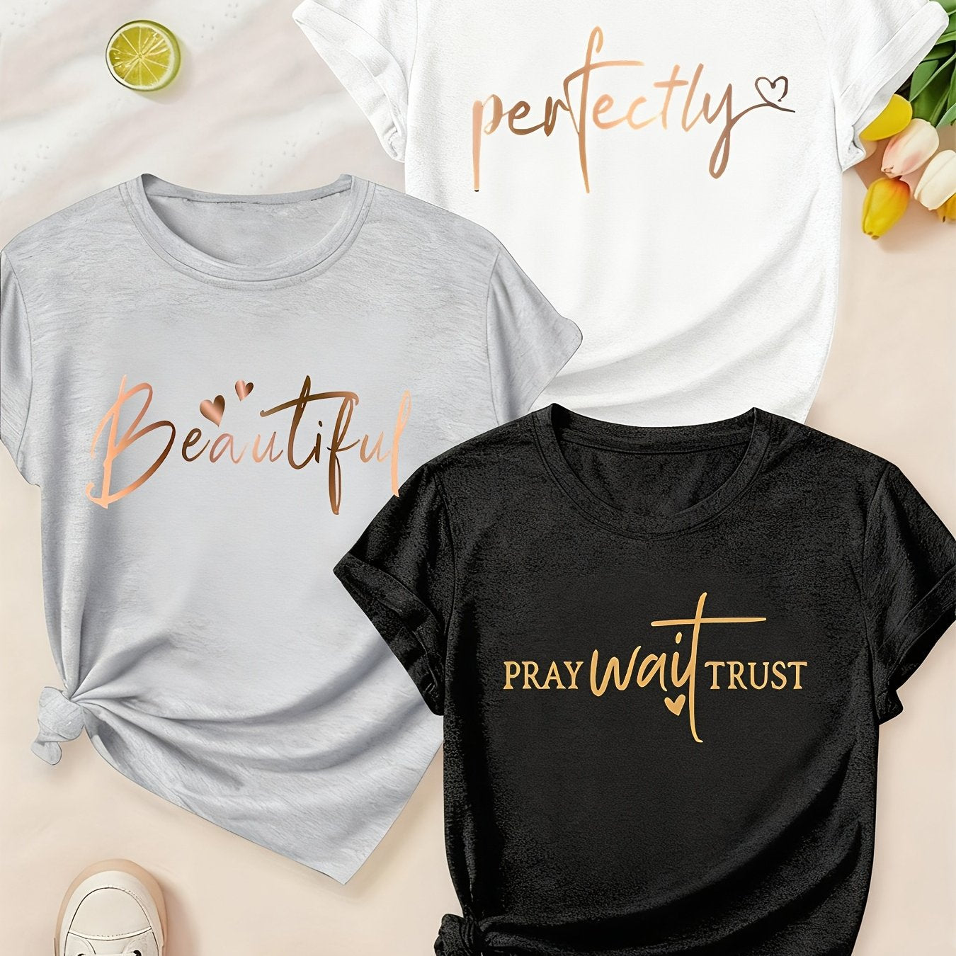 Alphabet Print Womens T Shirts Crew Neck Three Piece Set