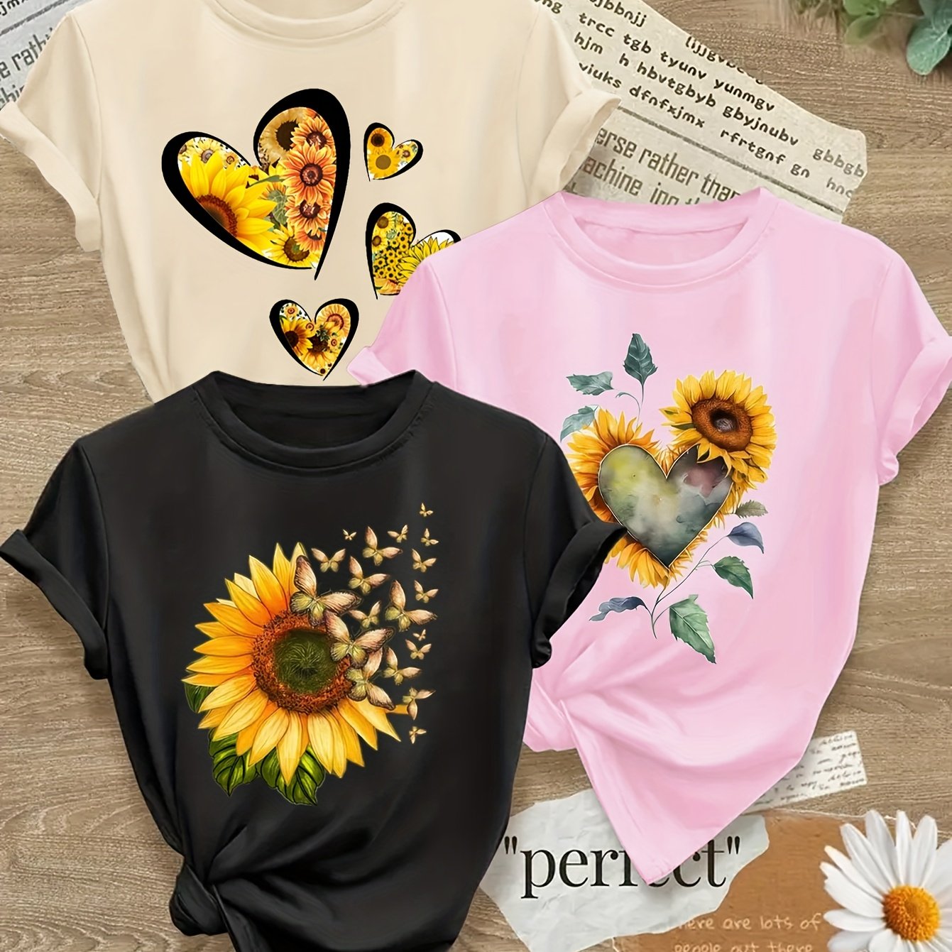 Sunflower Print Crew Neck Women T Shirt All Season Stretch Knit