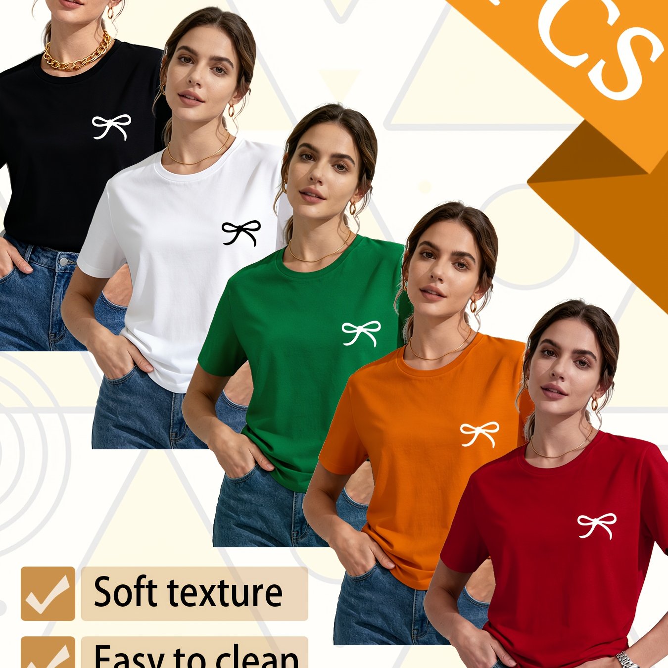 Set of 5 Trendy Women'S T-Shirts Suitable for All Seasons, Featuring Colorful Short Sleeves And a Playful Small Logo with a Bow. This Pack of Casual Tees, Made from 100% Pure