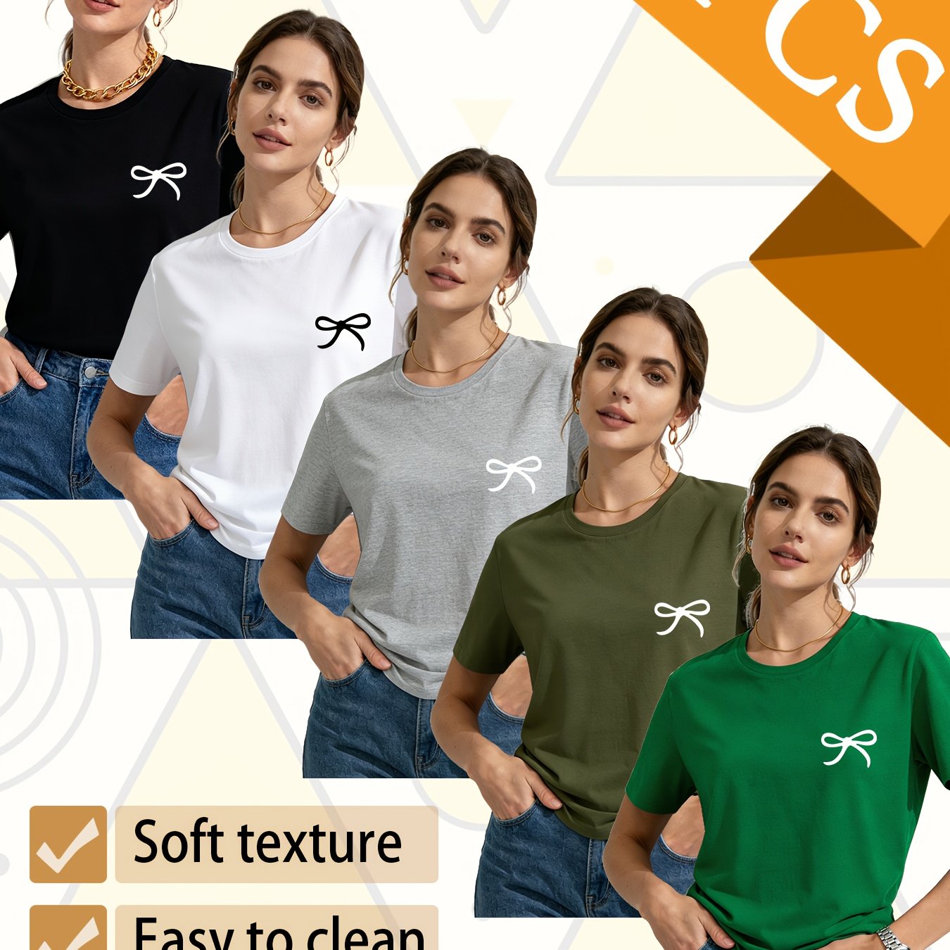 Set of 5 Trendy Women'S T-Shirts Suitable for All Seasons, Featuring Colorful Short Sleeves And a Playful Small Logo with a Bow. This Pack of Casual Tees, Made from 100% Pure