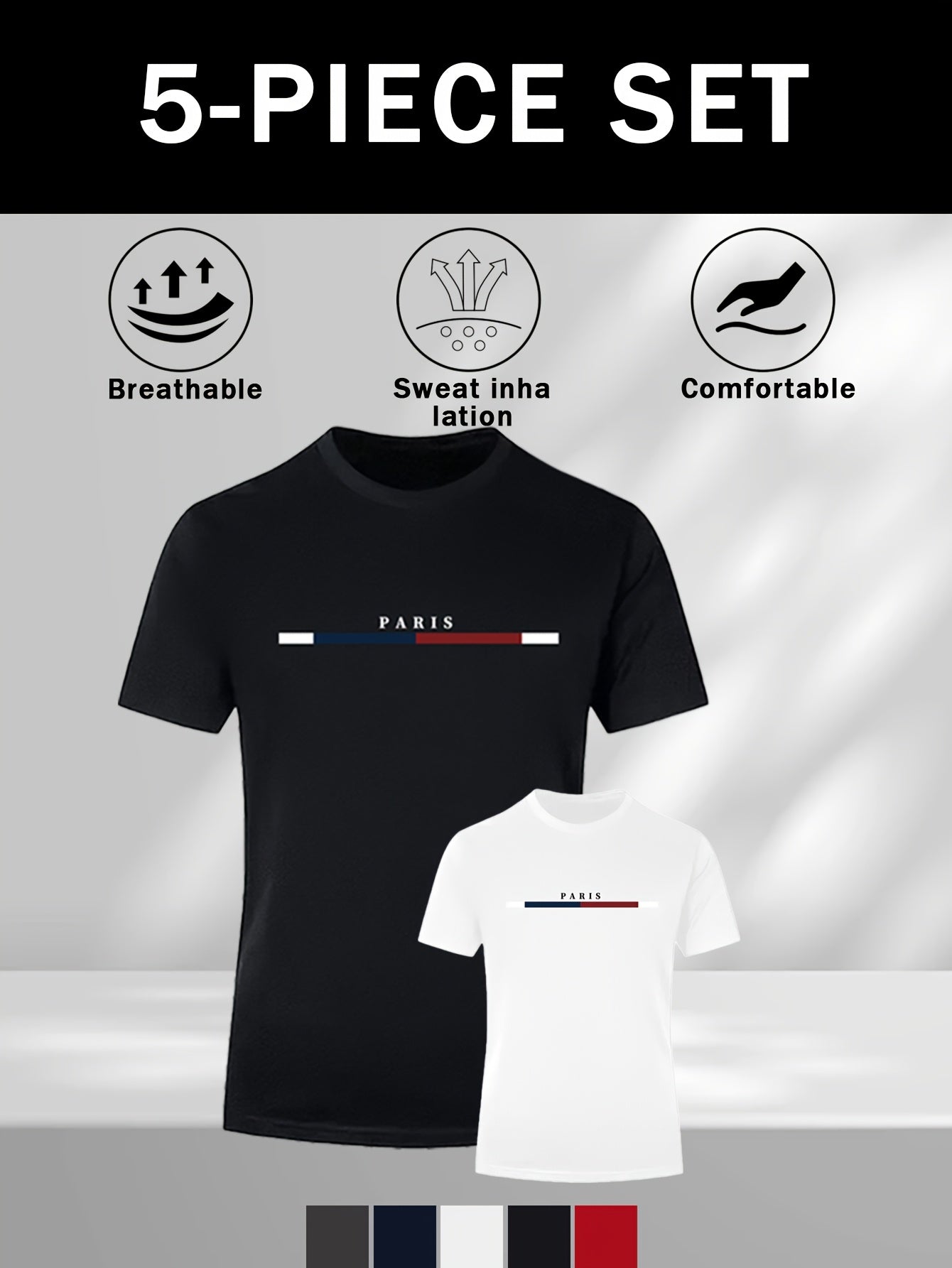5pcs Men's Moisture-Wicking Short Sleeve T-Shirts, Paris Letter Print and Striped Collar Design- 5 Colors Available, Suitable for Summer Outdoor, Beach, Training, and Casual Wear, Comfortable Fit