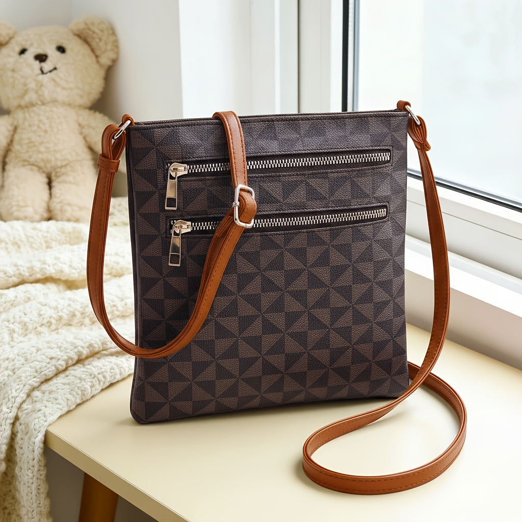 TEPILTE Retro Casual Geometric Print Women'S Crossbody Bag, Stylish And Versatile Medium Shoulder Bag/Wallet, Lightweight Handbag/Messenger Bag, Three-Layer Zippered Pockets, Suitable For Work, Travel And Outdoor Activities.