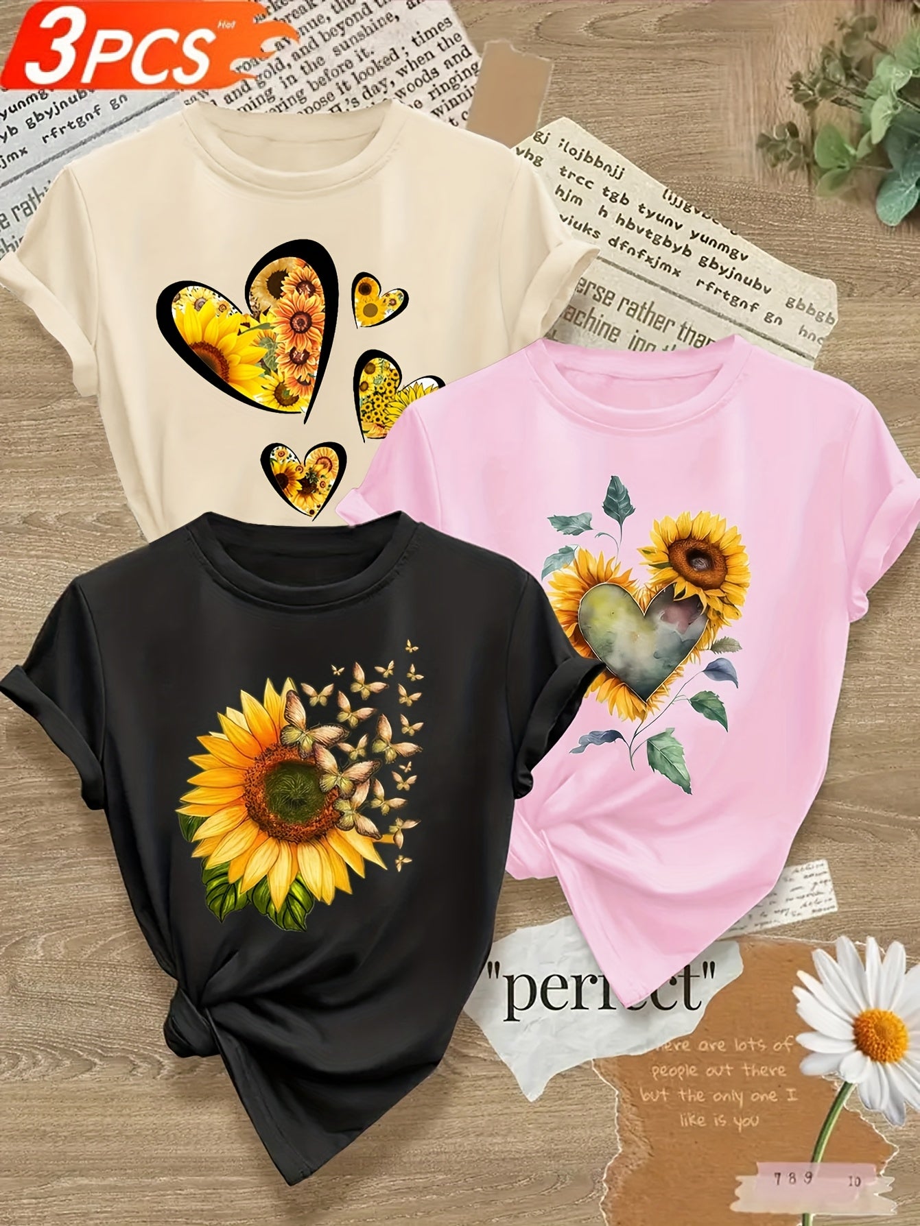 Sunflower Print Crew Neck Women T Shirt All Season Stretch Knit