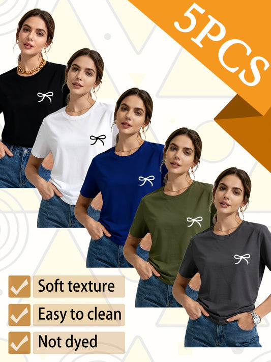 Set of 5 Trendy Women'S T-Shirts Suitable for All Seasons, Featuring Colorful Short Sleeves And a Playful Small Logo with a Bow. This Pack of Casual Tees, Made from 100% Pure