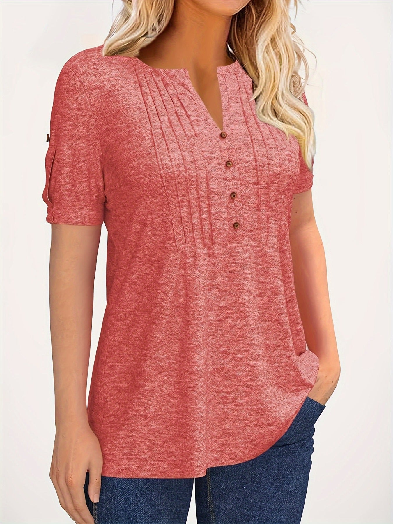 Women's Summer Casual V Neck Button Short Sleeve T Shirt