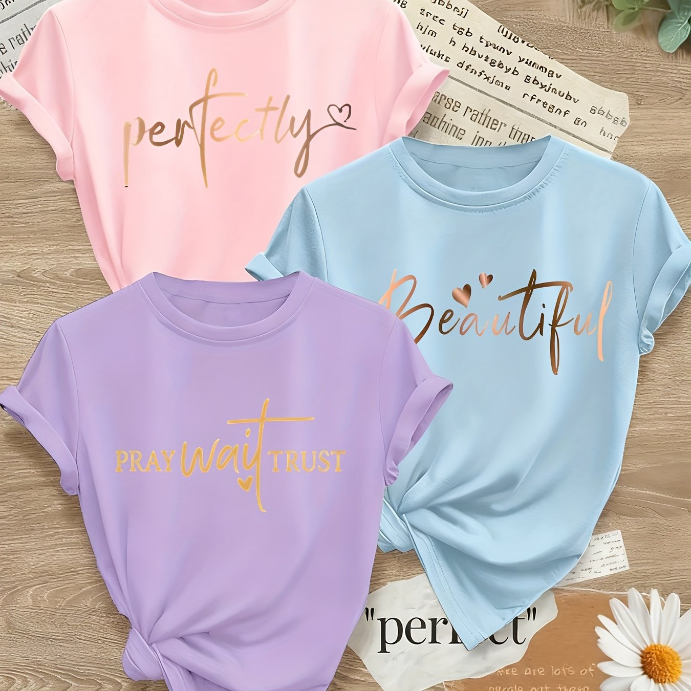 Alphabet Print Womens T Shirts Crew Neck Three Piece Set