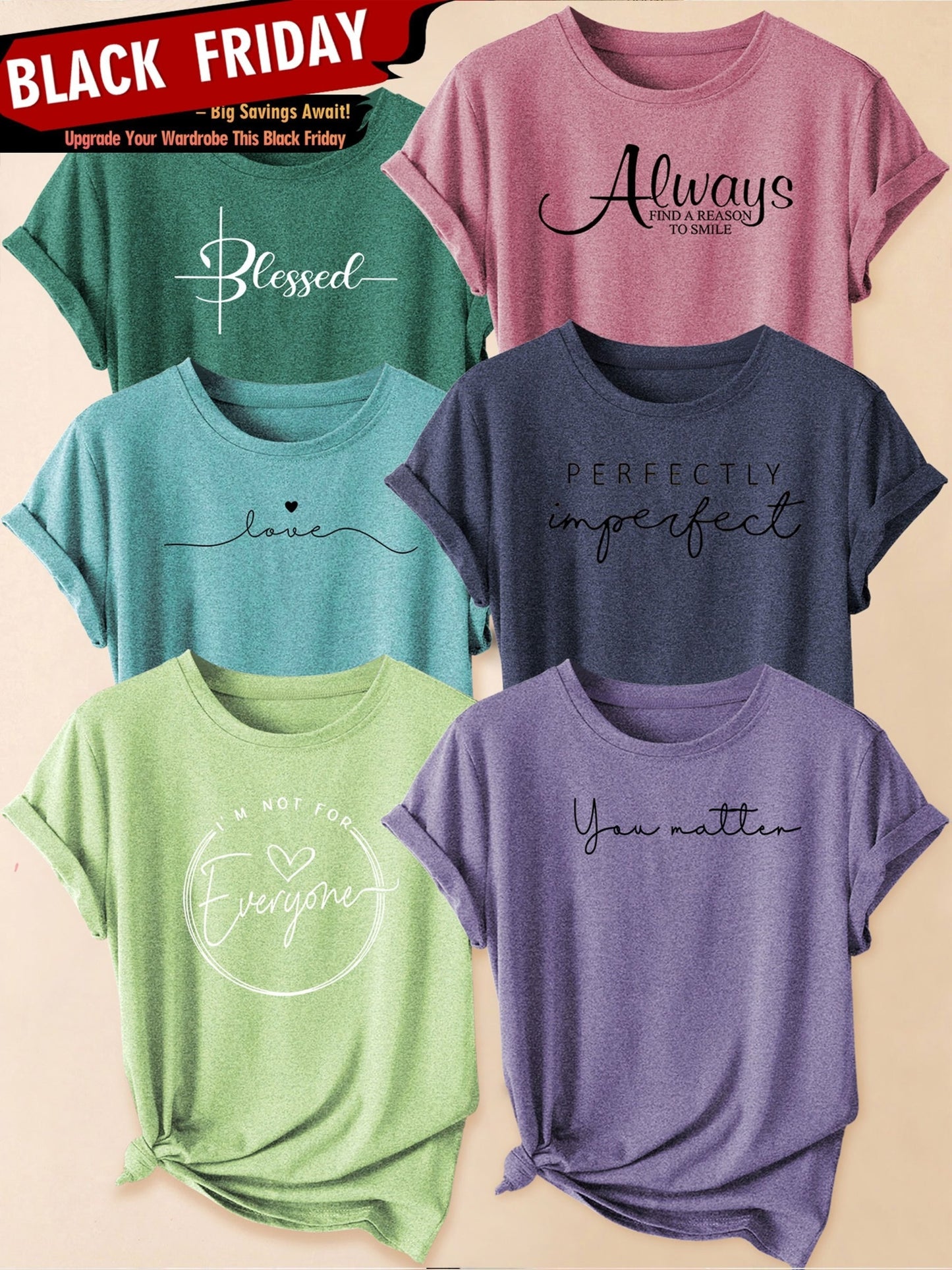 Set of 6 Women'S Short-Sleeve T-Shirts: Blessed, Always, Love, Perfectly Imperfect, I'M Not for Everyone, You Matter Print | Fashionable for Commuting, Vacations, Or Everyday Wear, Versatile Casual Tee | Machine Washable, Sui