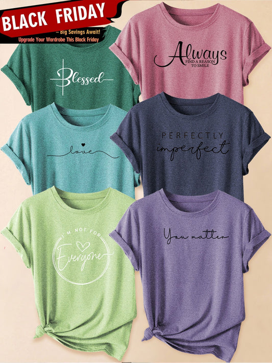 Set of 6 Women'S Short-Sleeve T-Shirts: Blessed, Always, Love, Perfectly Imperfect, I'M Not for Everyone, You Matter Print | Fashionable for Commuting, Vacations, Or Everyday Wear, Versatile Casual Tee | Machine Washable, Sui