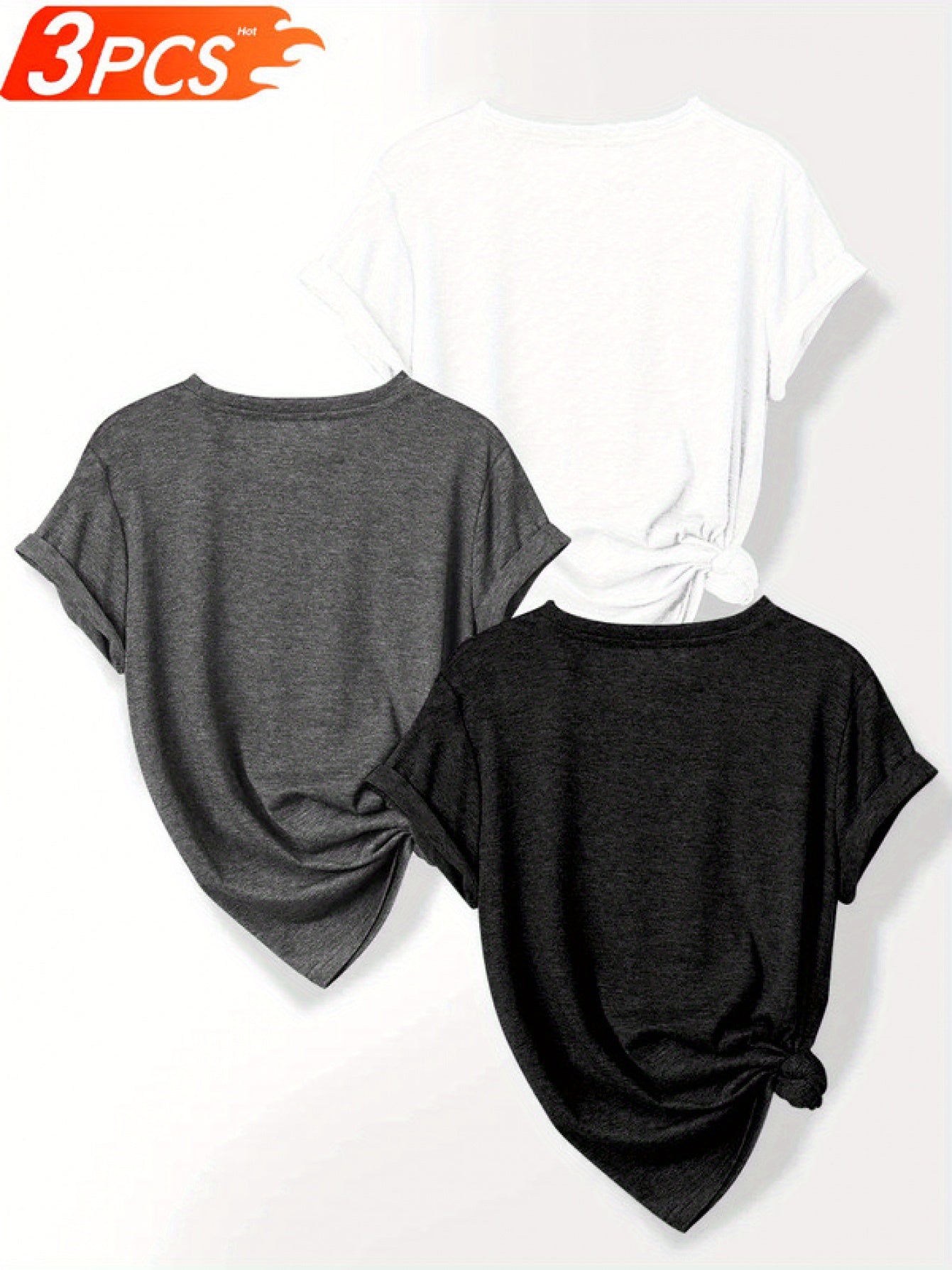 3pcs Casual T-Shirt for Women, Round Neck, Medium-Stretch Fabric, with Alphabet Pattern Prints, Suitable for Spring And Summer Wear- Size S-XXL