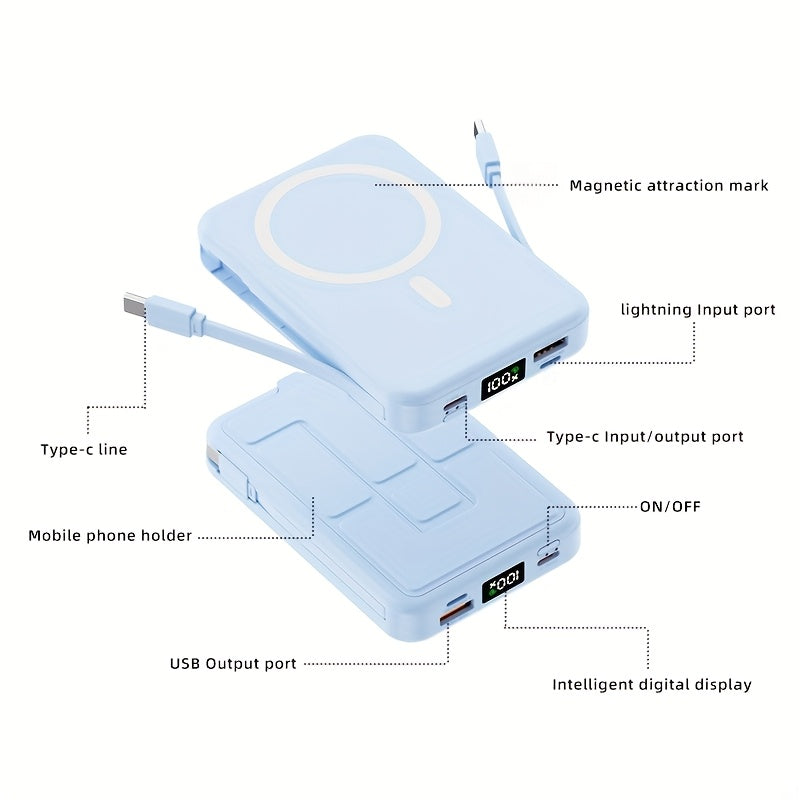 10000mAh Magnetic Fast Charging Power Bank With Digital Screen, Built-in 2 Charging Cables, USB Portable Mobile Phone Power Bank Can Charge 5 Devices At The Same Time, With Bracket, Compatible With IPhone 15/15 Plus/15 Pro/15