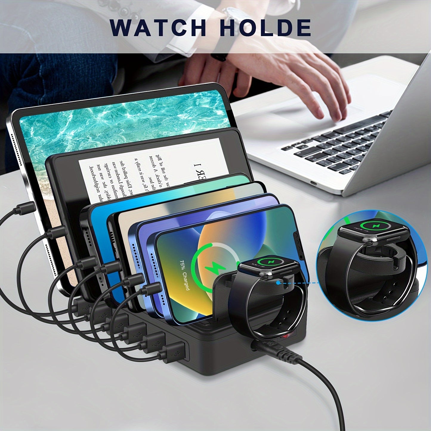 Fast Charging Station For Multiple Devices, 50W 6-Ports USB Charging Station With10-Slot, Detachable Dividers, Watch Holder, Compatible With Phone/iPad/Kindle/Tablet (6 Short Cables Included)